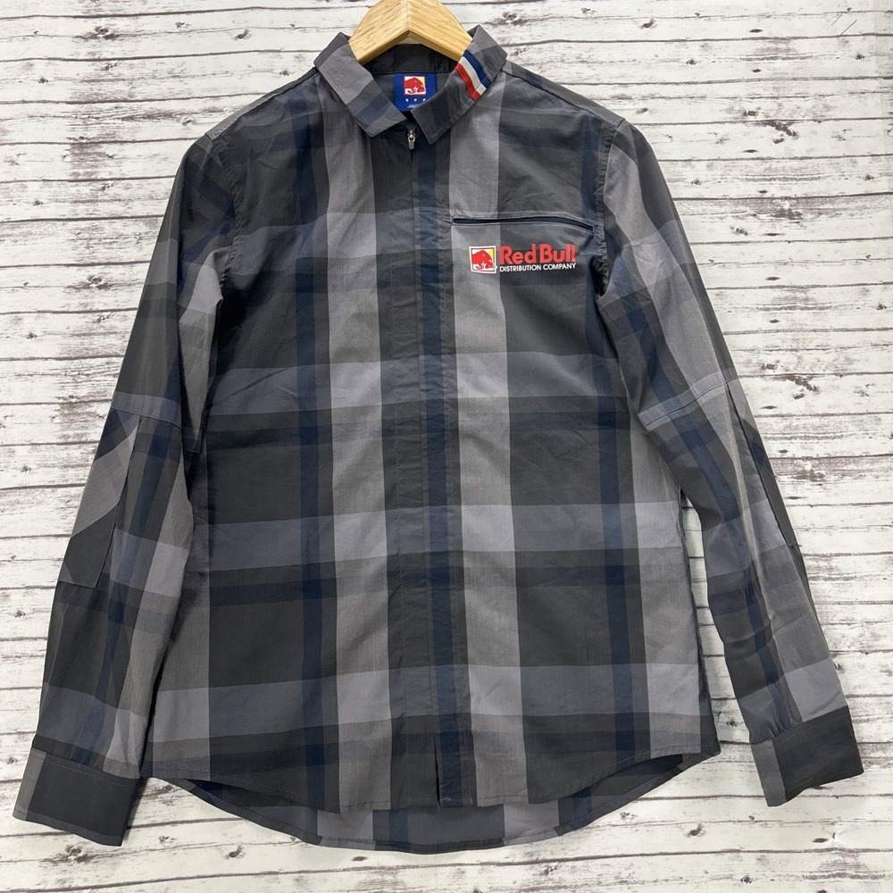 Red Bull Distribution Men's Plaid Zip-Up Shirt Size Small Gray Navy Long Sleeve